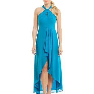 BADGLEY MIACHKA/BELLE LOVELY BLUE KEYHOLE HALTER HIGH-LOW DRESS SIZE 14